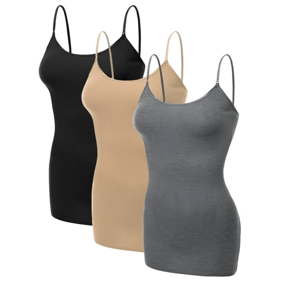 Emmalise Women's Basic Casual Long Camisole Adjustable Strap Cami Layering Top, Small, 3Pk Black, Khaki, Hth Charcoal