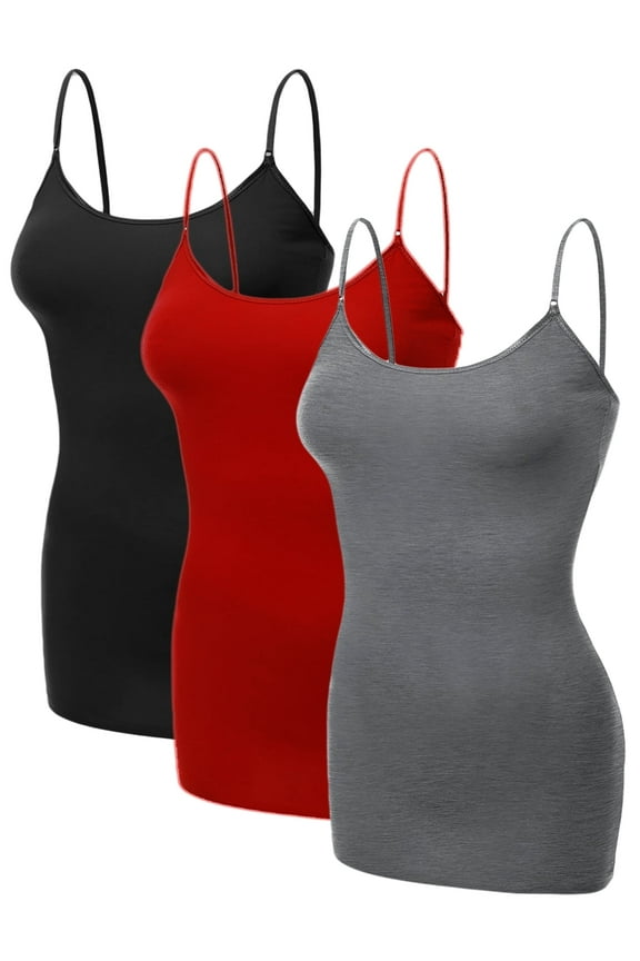 Emmalise Women's Basic Casual Long Camisole Adjustable Strap Cami Layering Top, Small, 3Pk Black, Red, Hth Charcoal