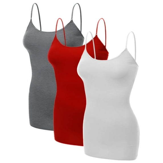 Emmalise Women's Basic Casual Long Camisole Adjustable Strap Cami Layering Top, Small, 3Pk Hth Charcoal, Red, White