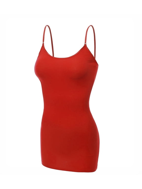 Essential Basic Women's Basic Casual Long Camisole Adjustable Strap Cami Layering Top, Small, Red