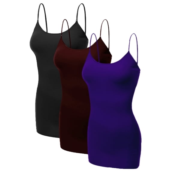 Emmalise Women's Basic Casual Long Camisole Cami Top Value Combo- 3Pk - Black, Burgundy, Purple, XXX-Large