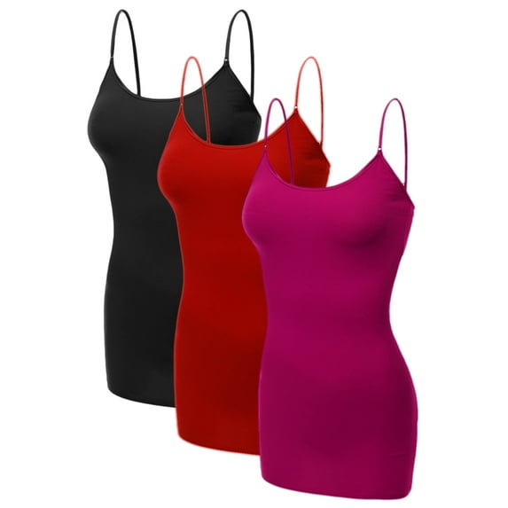 Emmalise Women's Basic Casual Long Camisole Cami Top Value Combo- 3Pk - Black, Fuschia, Red, X-Large