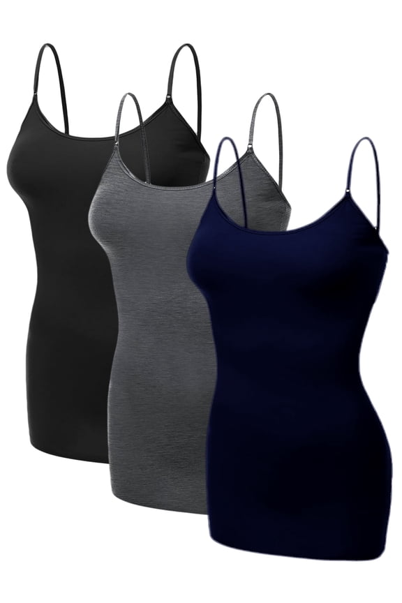 Women's Basic Casual Long Camisole Cami Top Value Combo- 3Pk - Black, HthCharcoal, Navy, Medium