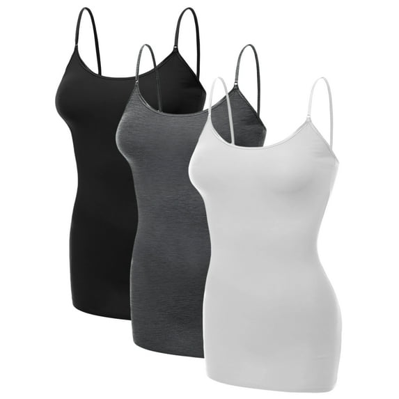 Emmalise Women's Basic Casual Long Camisole Cami Top Value Combo- 3Pk - Black, HthCharcoal, White, Large