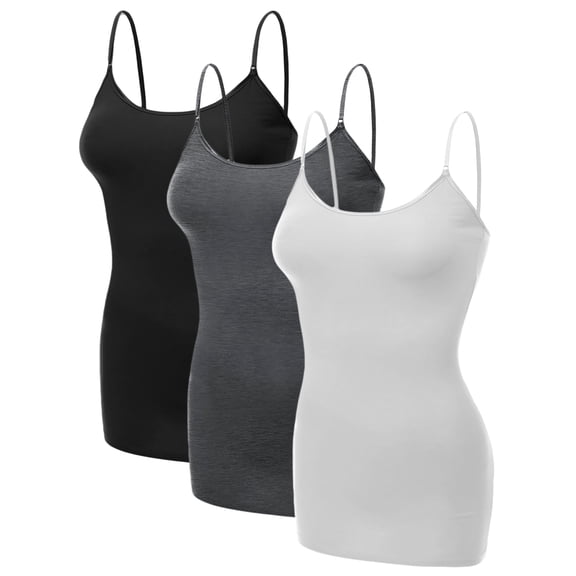 Emmalise Women's Basic Casual Long Camisole Cami Top Value Combo- 3Pk - Black, HthCharcoal, White, X-Large