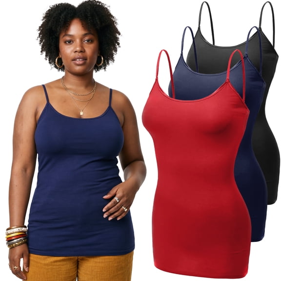 Emmalise Women's Basic Casual Long Camisole Cami Top Value Combo- 3Pk - Black, Navy, Red, Large