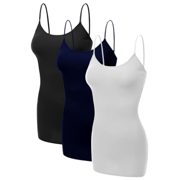 Emmalise Women's Basic Casual Long Camisole Cami Top Value Combo- 3Pk - Black, Navy, White, Large