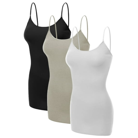 Emmalise Women's Basic Casual Long Camisole Cami Top Value Combo- 3Pk - Black, Oatmeal, White, Large