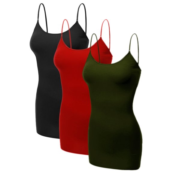 Emmalise Women's Basic Casual Long Camisole Cami Top Value Combo- 3Pk - Black, Red, Olive, Medium