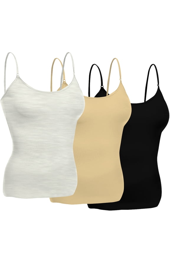 Women's Basic Short Camisole Adjustable Strap Layering Cami Tank Top (3Pk Blk, Khaki, Oat, Large)
