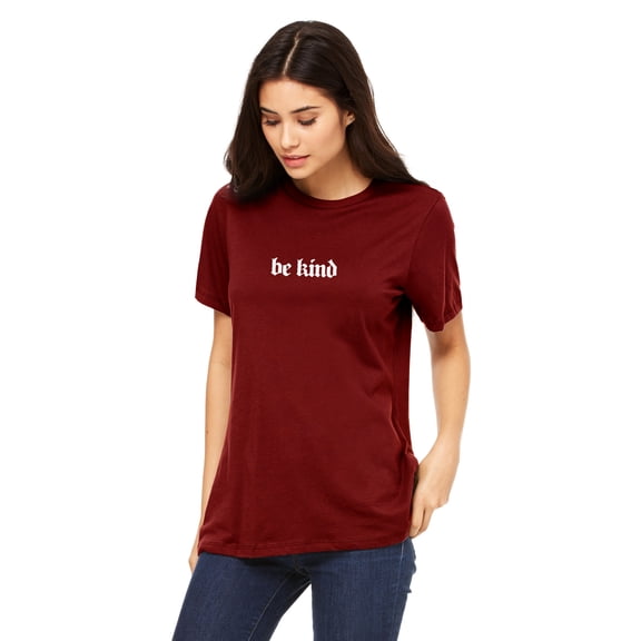 Emmalise Women's Be Kind Round Neck Short Sleeve Tru-Fit Tee Shirt, Burgundy White, 2XL