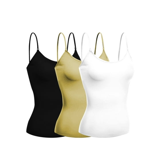Emmalise Women's Camisole Built In Bra Wireless Fabric Support Short Cami (3Pk Black, Khaki, White, Medium)