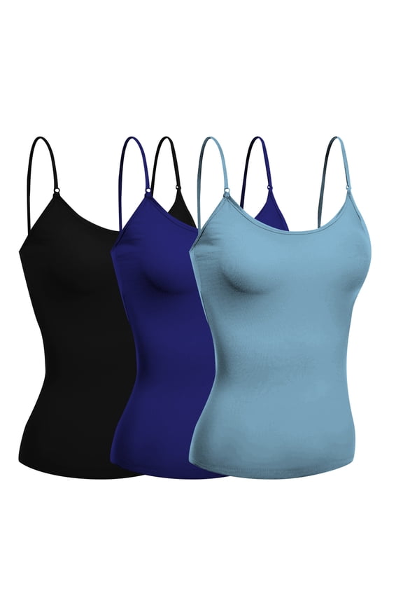 Women's Camisole Built In Bra Wireless Fabric Support Short Cami (3Pk Black, Navy, Dusty Blue, Large)