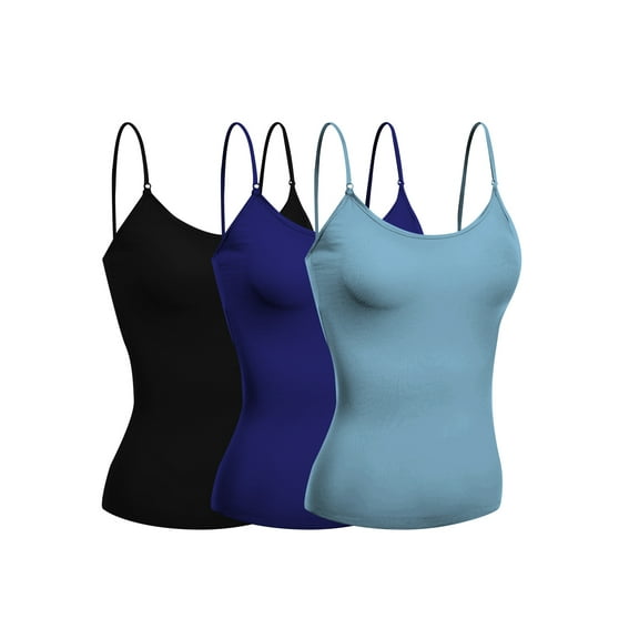 Emmalise Women's Camisole Built In Bra Wireless Fabric Support Short Cami (3Pk Black, Navy, Dusty Blue, Large)