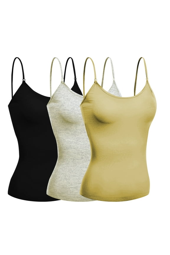 Women's Camisole Built In Bra Wireless Fabric Support Short Cami (3Pk Black, Oat, Khaki, Medium)