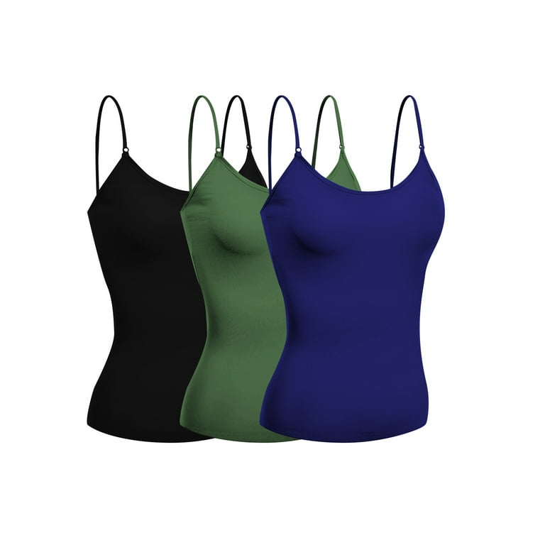 Emmalise Women's Camisole Built In Bra Wireless Fabric Support Short Cami  (3Pk Black, Olive, Navy, Large) 