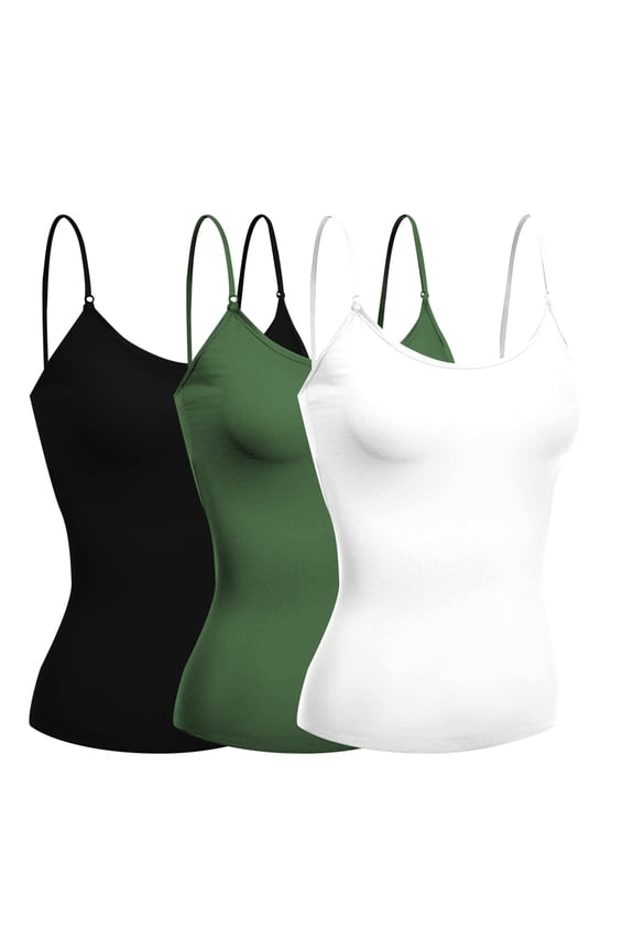 Women's Camisole Built In Bra Wireless Fabric Support Short Cami (3Pk Black, Olive, White, Medium)