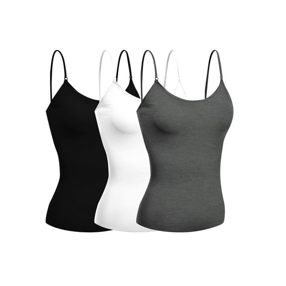 Emmalise Women's Camisole Built In Bra Wireless Fabric Support Short Cami (3Pk Black, White, Hcharcoal, Large)