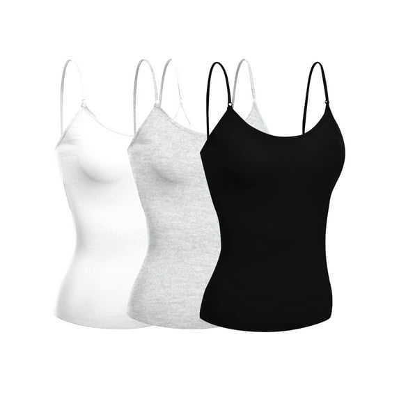 Emmalise Women's Camisole Built in Bra Wireless Fabric Support Short Cami (3Pk Black, White, HthGray, Large)