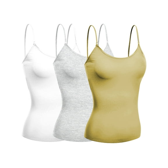 Emmalise Women's Camisole Built in Bra Wireless Fabric Support Short Cami (3Pk White, HthGray, Khaki, Small)