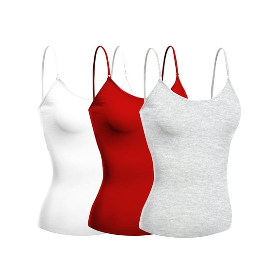 Emmalise Women's Camisole Built in Bra Wireless Fabric Support Short Cami (3Pk White, Red, HthGray, Small)
