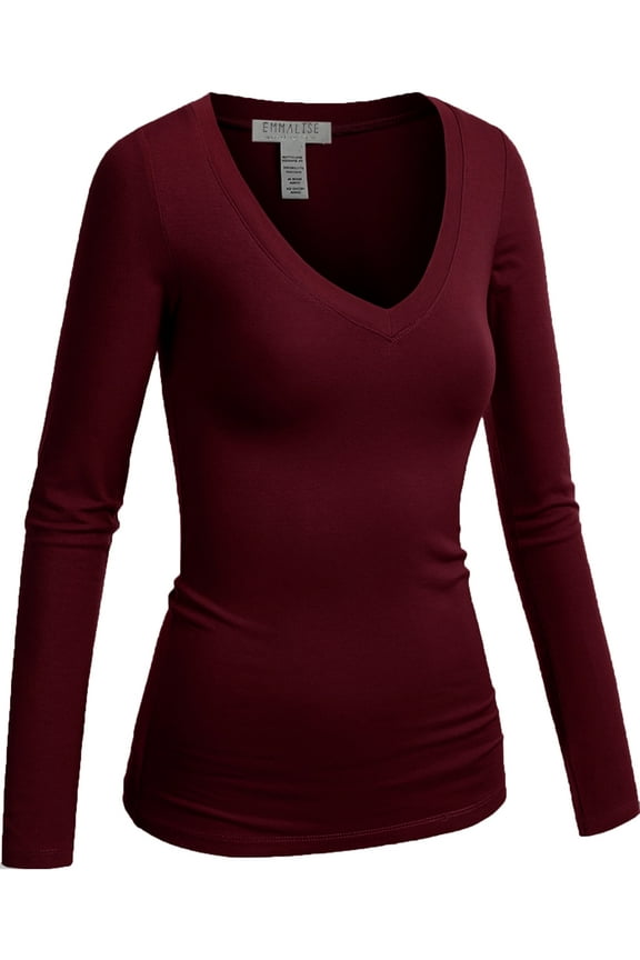 Women's Casual Basic V-Neck Tshirt Long Sleeves Tee Top - Deep Burgundy, M