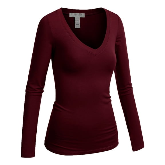 Emmalise Women's Casual Basic V-Neck Tshirt Long Sleeves Tee Top - Deep Burgundy, S