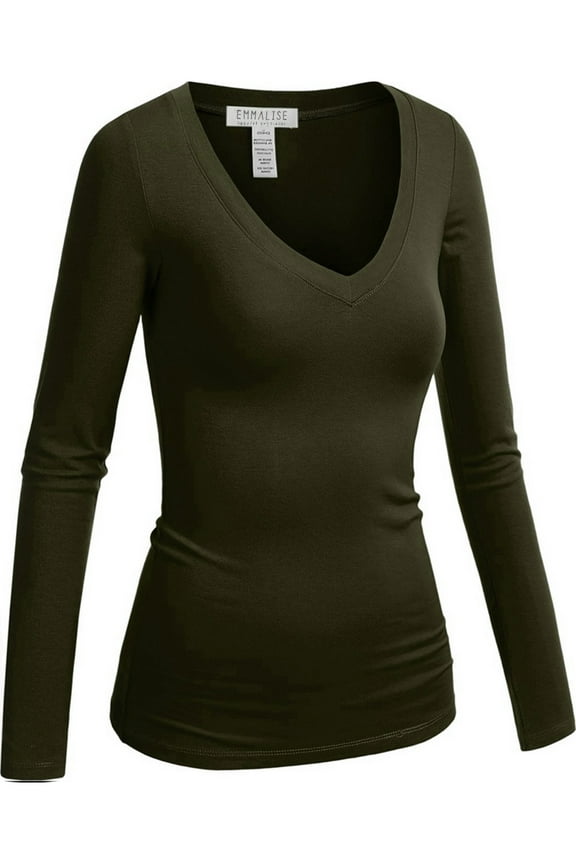Women's Casual Basic V-Neck Tshirt Long Sleeves Tee Top - Junior and Plus Sizes