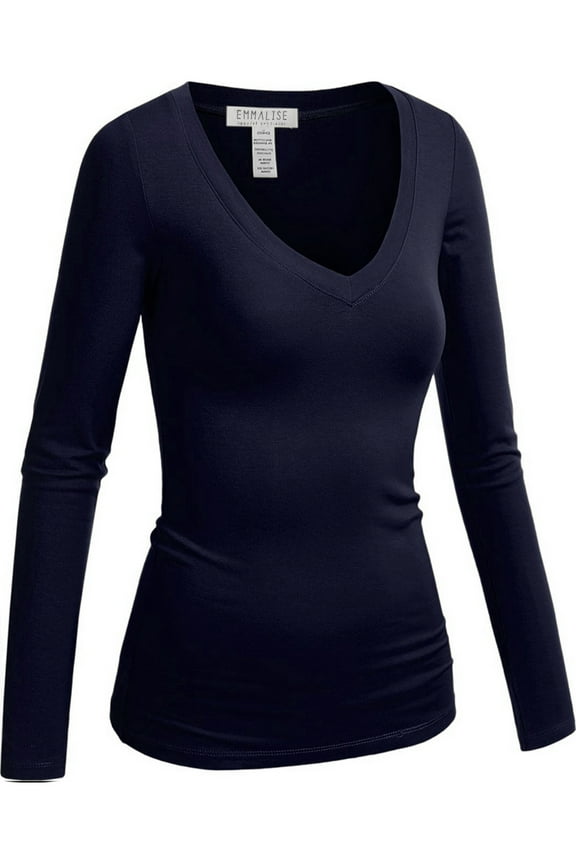 Women's Casual Basic V-Neck Tshirt Long Sleeves Tee Top - Junior and Plus Sizes