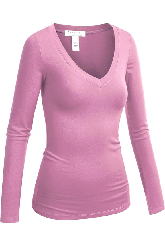 Women's Casual Basic V-Neck Tshirt Long Sleeves Tee Top - Junior and Plus Sizes