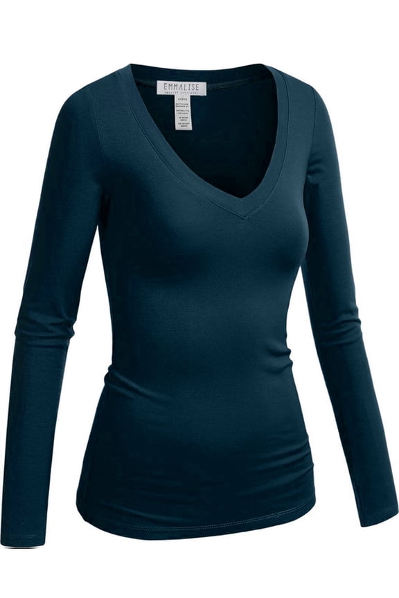 Women's Casual Basic V-Neck Tshirt Long Sleeves Tee Top - Junior and Plus Sizes