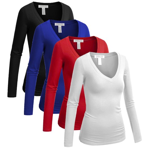 Emmalise Women's Casual Basic V-Neck Tshirt Long Sleeves Tee Top - Junior and Plus Sizes