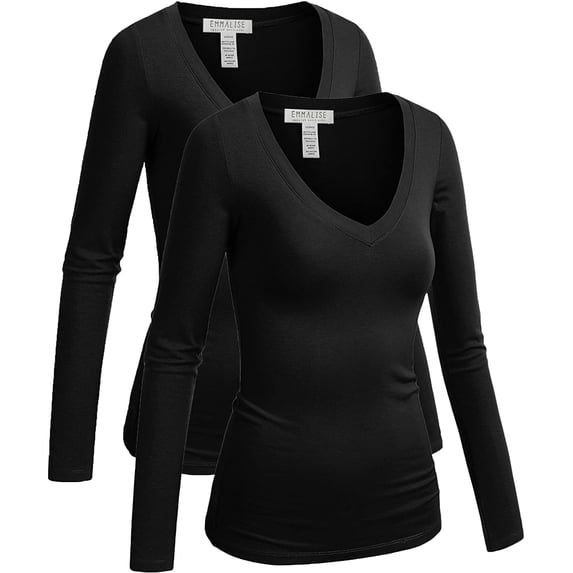 emmalise women's casual basic v-neck tshirt long sleeves tee top - junior and plus sizes
