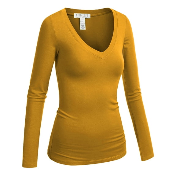Emmalise Women's Casual Basic V-Neck Tshirt Long Sleeves Tee Top - Mustard, L