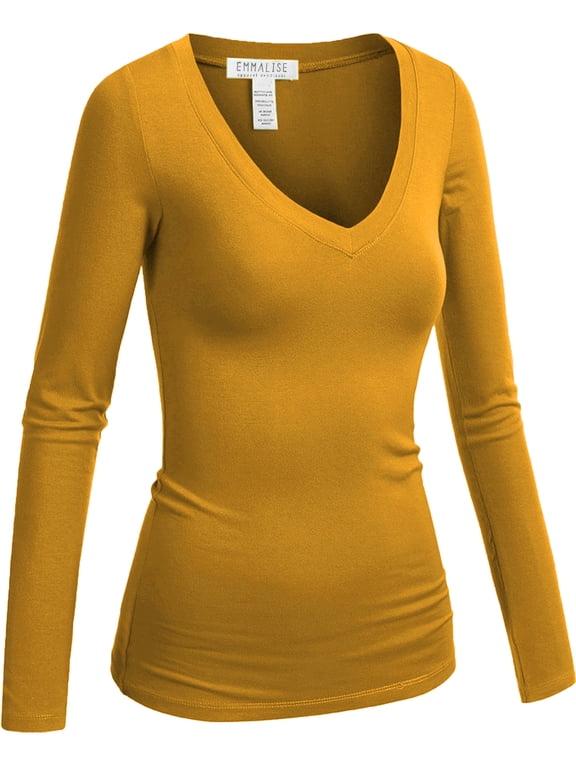Women's Casual Basic V-Neck Tshirt Long Sleeves Tee Top - Mustard, L