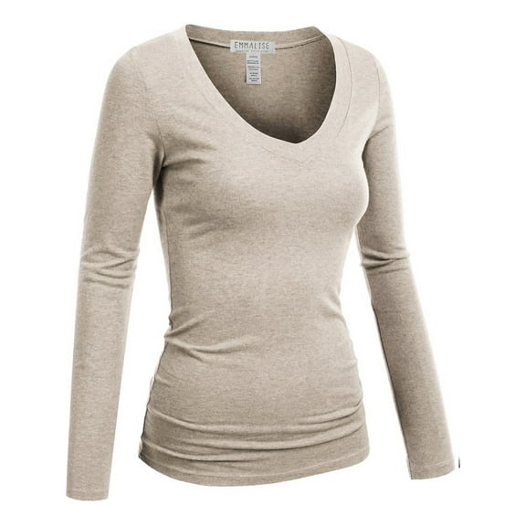 Emmalise Women's Casual Basic V-Neck Tshirt Long Sleeves Tee Top - Oatmeal, S