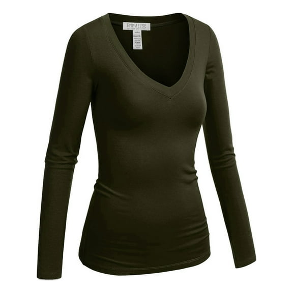 Emmalise Women's Casual Basic V-Neck Tshirt Long Sleeves Tee Top - Olive, S