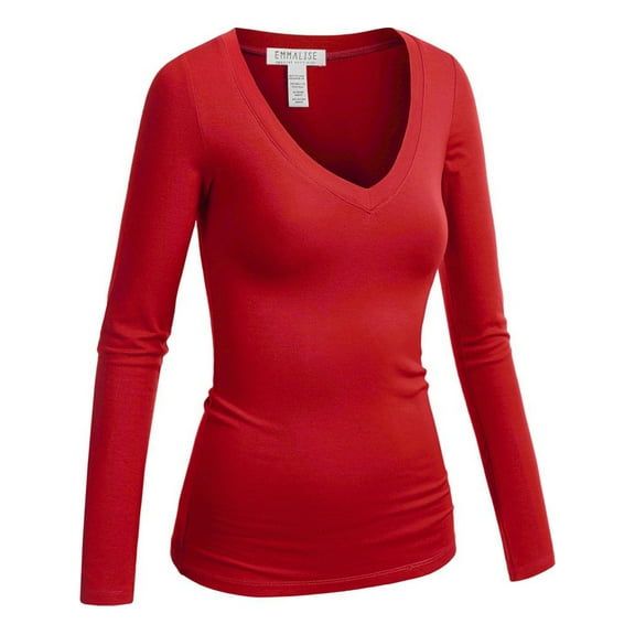 Emmalise Women's Casual Basic V-Neck Tshirt Long Sleeves Tee Top - Red, M