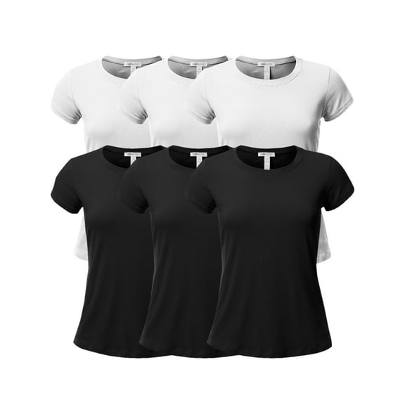 Emmalise Women's Classic Short Sleeve Crewneck 6 Pack Tshirts, 3Black 3White, Large