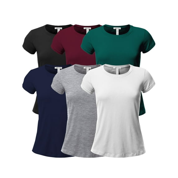 Emmalise Women's Classic Short Sleeve Crewneck 6 Pack Tshirts, Black Burgundy Dp Jungle Navy Hgry White, Large