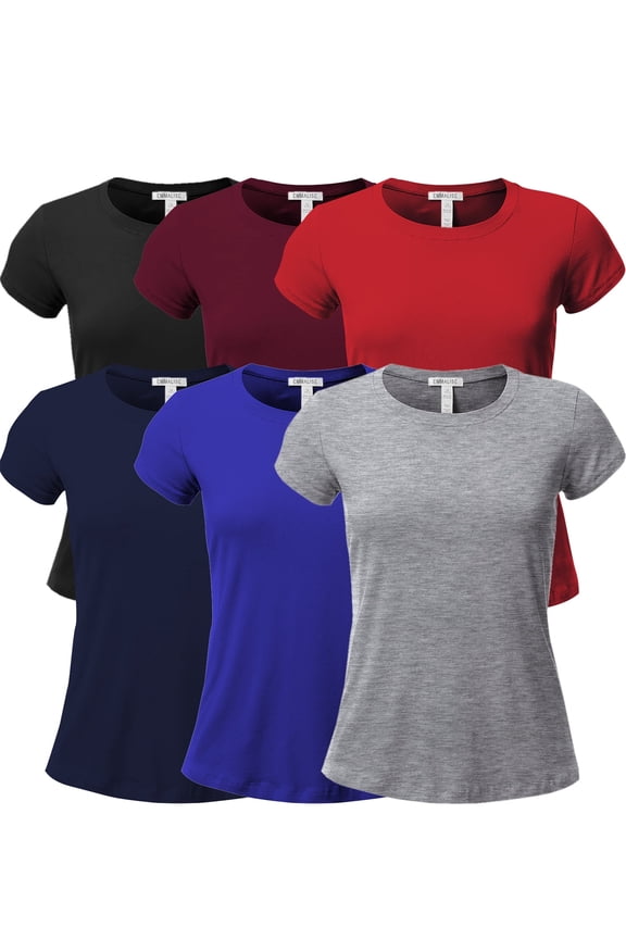 Women's Classic Short Sleeve Crewneck 6 Pack Tshirts, Black Burgundy Red Navy Royal Hgry, Large