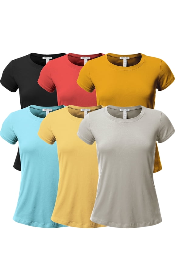Women's Classic Short Sleeve Crewneck 6 Pack Tshirts, Black Coral Mustard AiryBlue ButterMilk Silver, Small