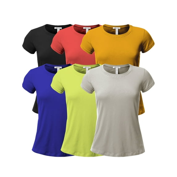 Emmalise Women's Classic Short Sleeve Crewneck 6 Pack Tshirts, Black Coral Mustard Royal Lime Silver, Medium