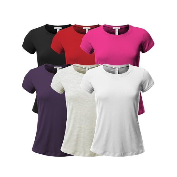 Emmalise Women's Classic Short Sleeve Crewneck 6 Pack Tshirts, Black Red Fuchsia Purple Oat White, Medium