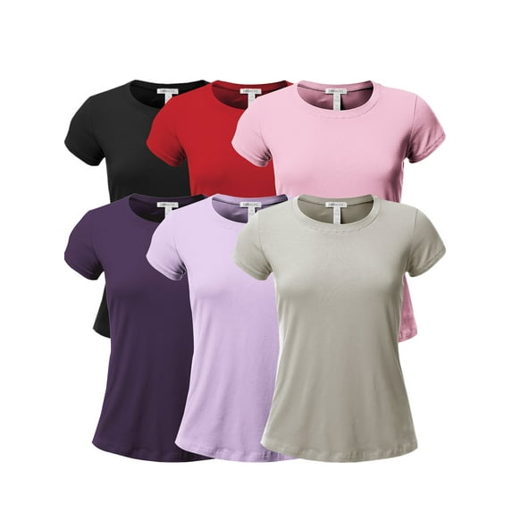 Emmalise Women's Classic Short Sleeve Crewneck 6 Pack Tshirts, Black Red Pink Purple Lilac Silver, Small