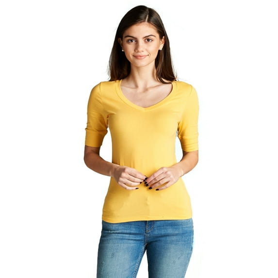 Emmalise Women's Slim Athletic Fit Vneck Tshirt Half Sleeves Top Jr Size (New Yellow, Large)