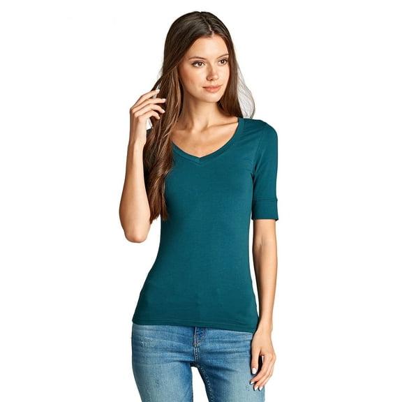 Emmalise Women's Slim Athletic Fit Vneck Tshirt Half Sleeves Top Jr Size (Green Teal, Small)