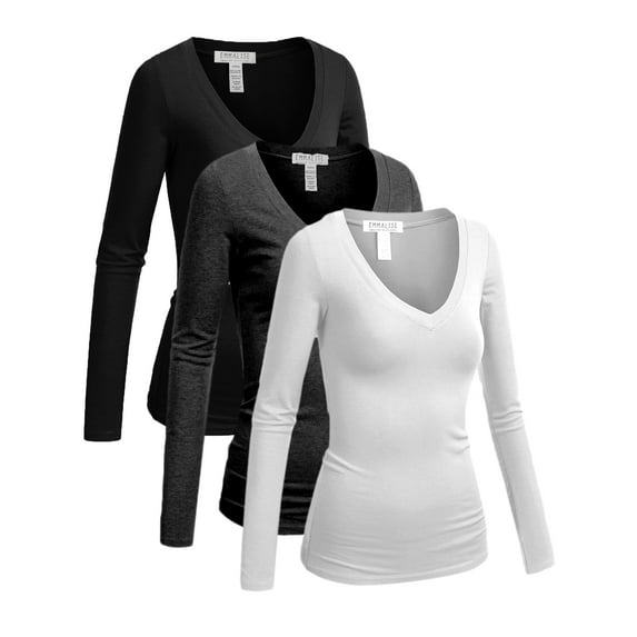 Essential Basic Women's Plus Size Vneck Tshirt Long Sleeves Shirt Tee, 2XL, 3Pk Black, HthCharcoal, White