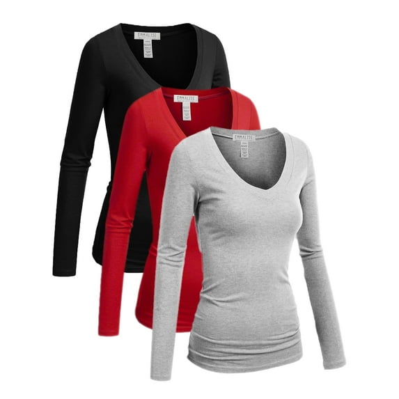 Essential Basic Women's Plus Size Vneck Tshirt Long Sleeves Shirt Tee, 2XL, 3Pk Black, Red, HthGray