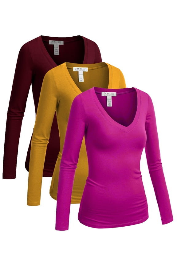 Women's Junior amd Plus Size Vneck Tshirt Long Sleeves Shirt Tee, 2XL, 3Pk Burgundy, Mustard, Fuschia